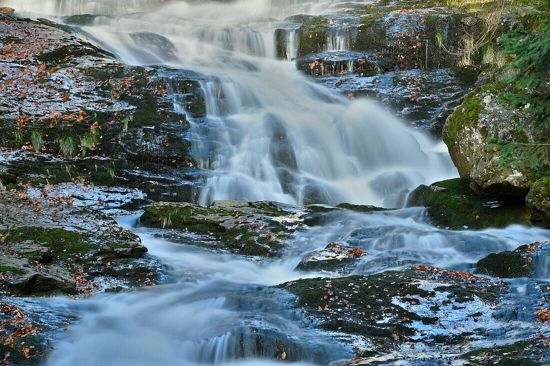 Close-up view of waterfall and stream in autumn, Bavarian Forest National Park, Bodenmais, Regen District, Bavaria, Germany