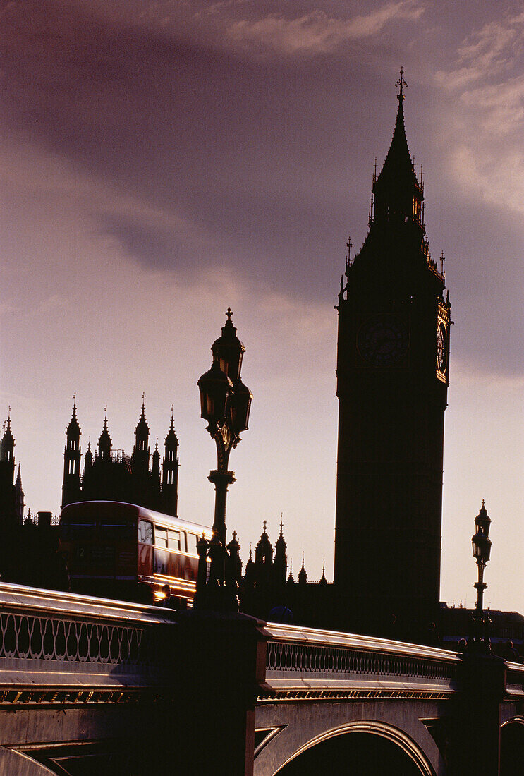 Big Ben and Double-Decker Bus at Dusk London, England