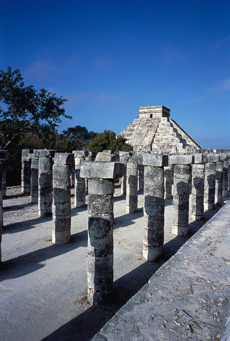 Plaza of The Thousand Columns and Kukulkan Pyramid Chichen Itza. Mexico