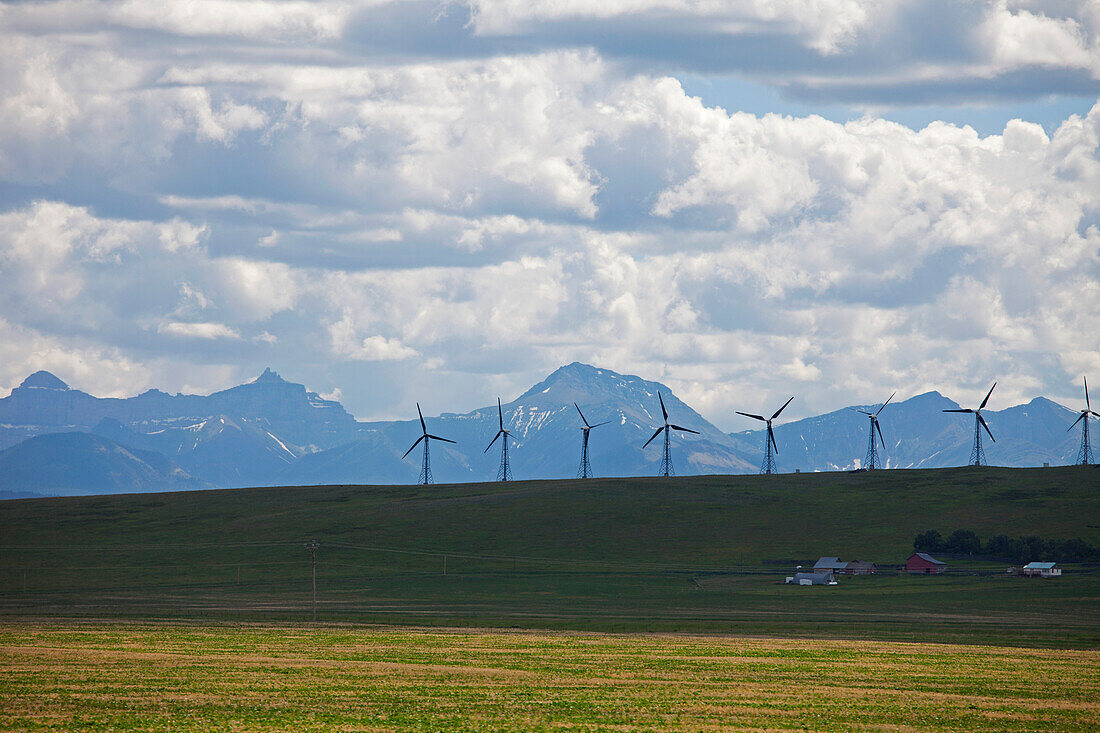 Windgeneratoren auf einem Feld, Bergkette im Hintergrund, Montana, USA
