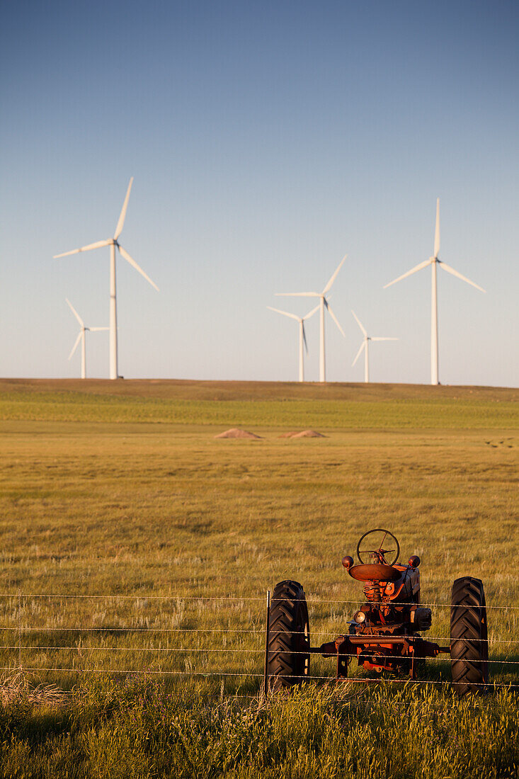 Wind generators in field, Montana, USA.