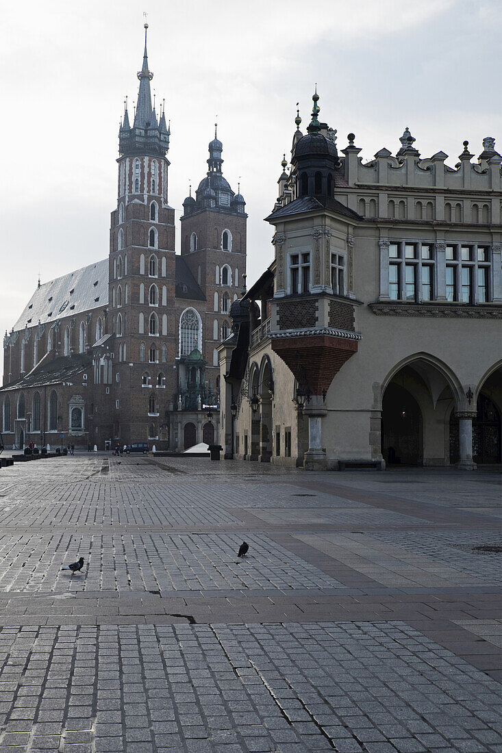 Church of the Holy Virgin Mary and Cloth Hall, Main Market Square, Krakow, Poland.