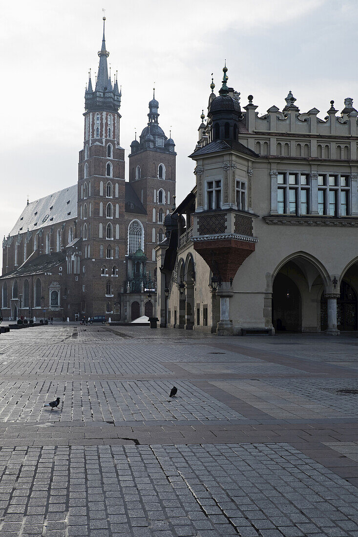 Kirche der Heiligen Jungfrau Maria und Tuchhalle, Hauptmarkt, Krakau, Polen.