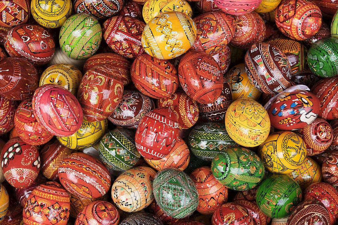 Close-up of multi-colored, decorative eggs for sale, Prague, Czech Republic