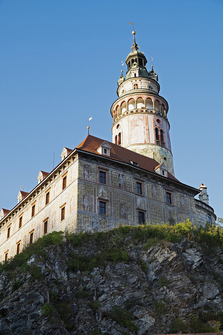 View of castle with tower, Cesky Krumlov Castle, Cesky Krumlov, Czech Republic.