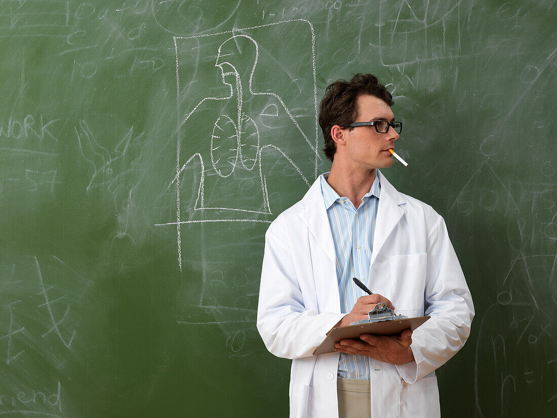 Man in Lab Coat Smoking