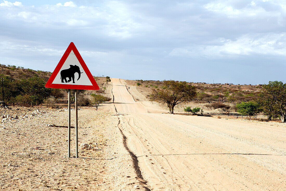 Elefantenkreuzungsschild an der Straße, Damaraland, Namibia