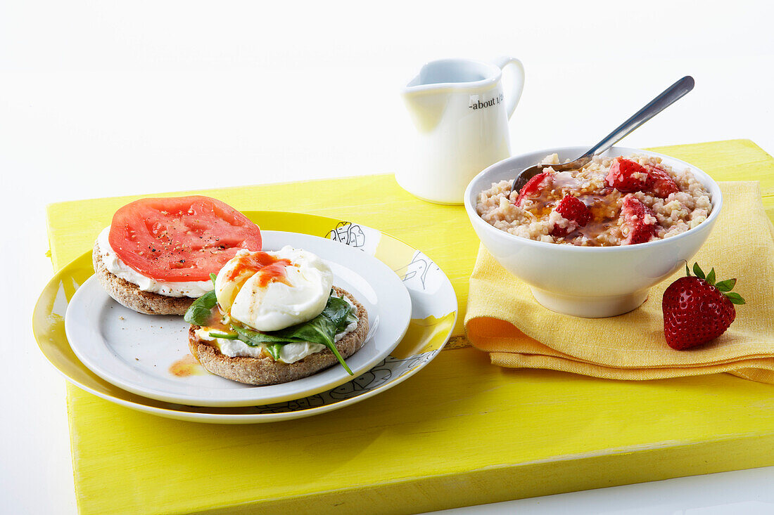 Hot Cereal with Strawberry and Poached Egg on English Muffin