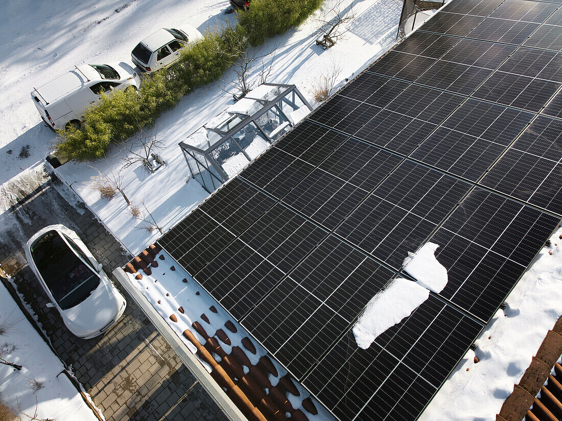 High angle view of solar panels on roof