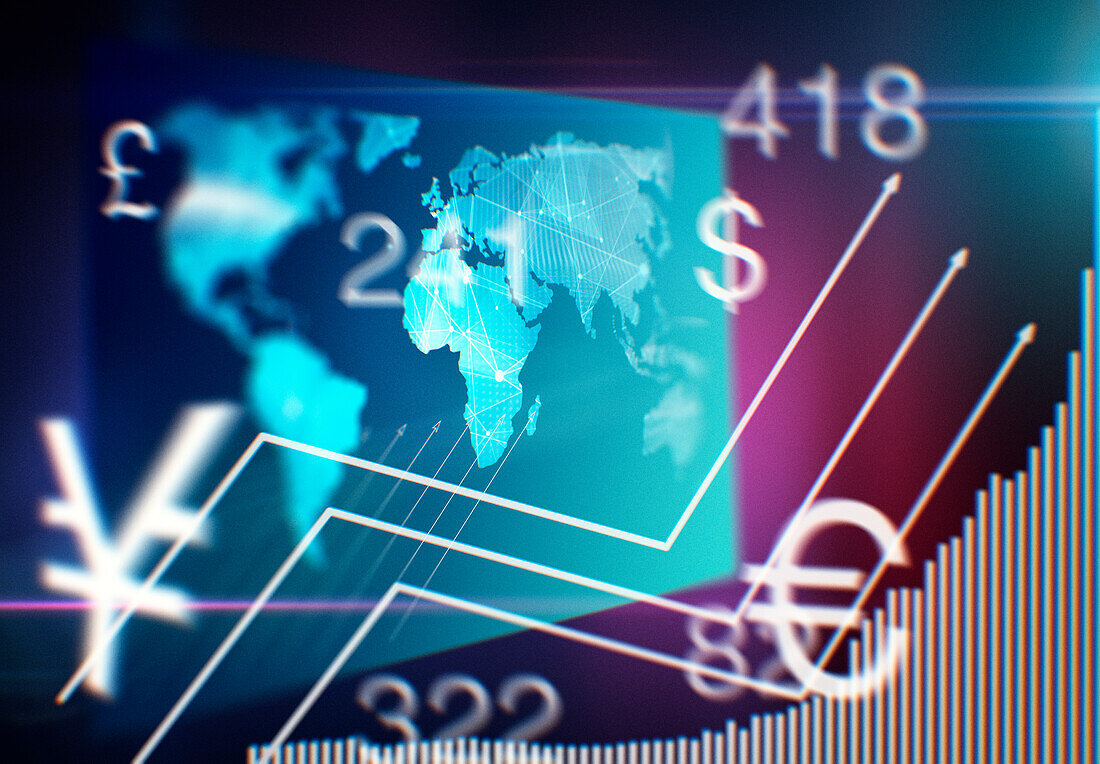 Weltkarte und verschiedene Währungen als Zeichen finanzieller Instabilität