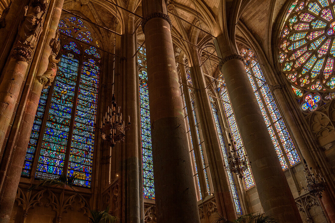 Basilica of Saint-Nazaire, the interior with stained glass windows and a rose window. 