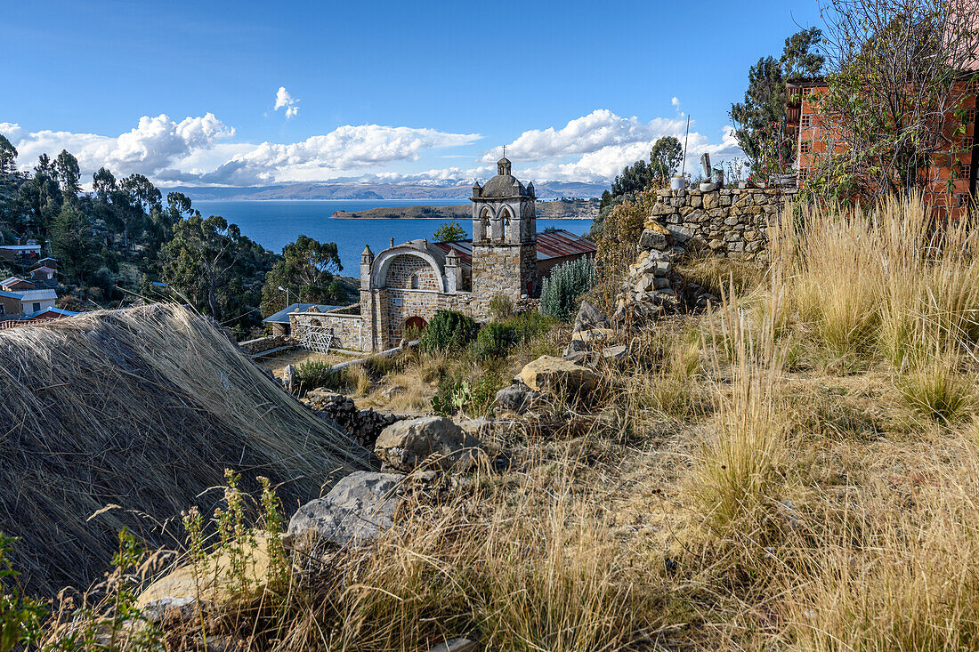 Copacabana, view of the landscape around the town, overlooking Lake Titicaca. 