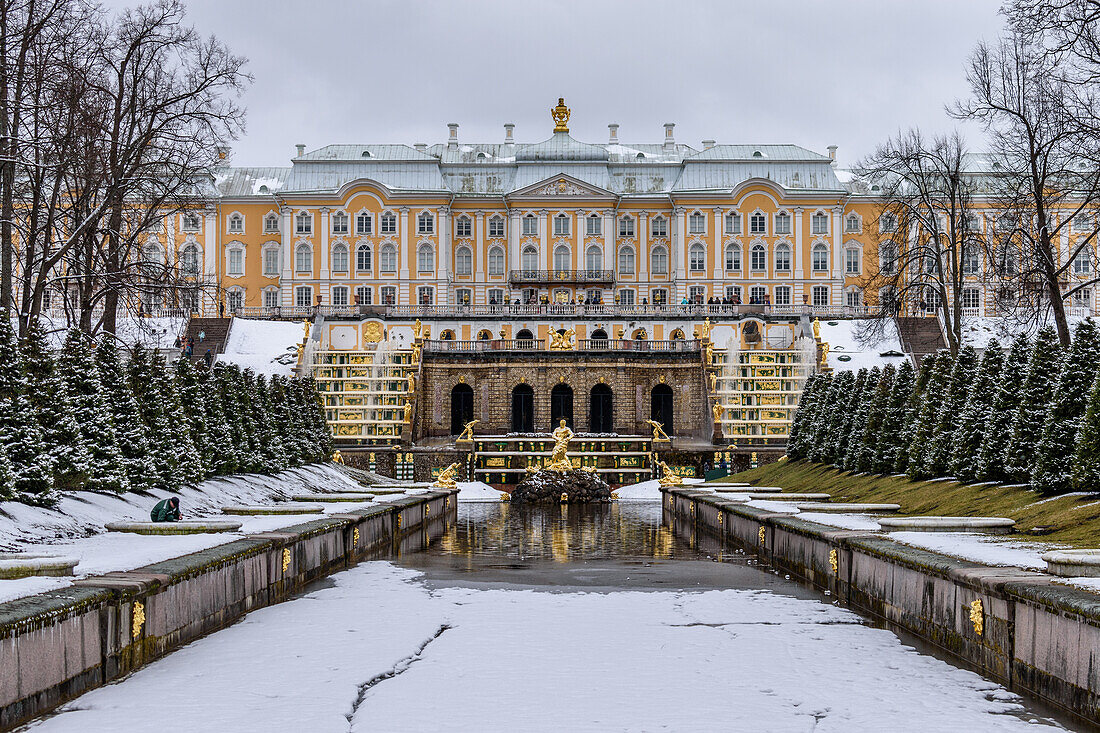 Peterhof Baroque summer palace, the facade o fthe buildings and the Grand Cascade in the gardens, a water pool and golden fountains, in winter. 