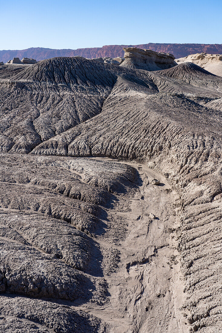 Eroded geologic formations in the barren landscape in Ischigualasto Provincial Park in San Juan Province, Argentina.