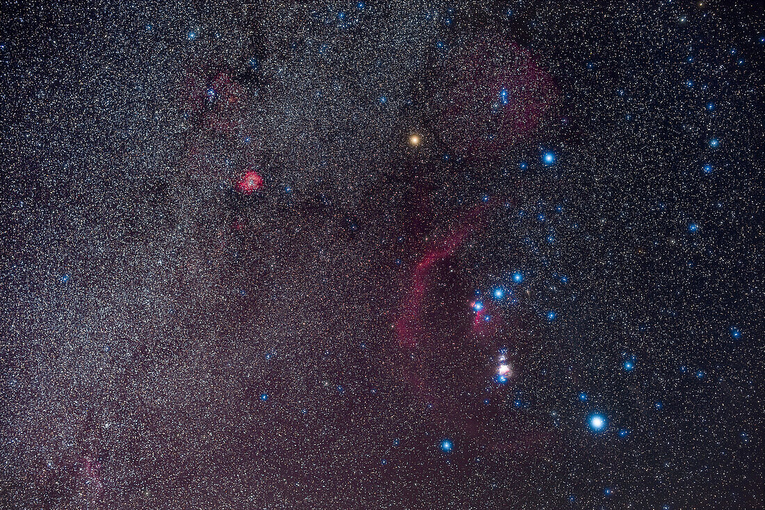 Ein Porträt des Orion und der nördlichen Wintermilchstraße in einer Februarnacht im Jahr 2020. Der Orionnebel ist das helle, überbelichtete rosafarbene Leuchten unterhalb des Gürtels des Orion, während der geschwungene rote Bogen Barnards Loop ist, von dem man heute annimmt, dass er ein Überbleibsel einer Supernova ist. Das helle rote Glühen oben links ist der Rosettennebel. Die rote Betelgeuse war damals auf ihrem Minimum, etwa so hell wie Bellatrix rechts. Normalerweise ist Betelgeuse etwa so hell wie der blau-weiße Rigel unten rechts. In den Nächten danach begann Betelgeuse jedoch wieder he