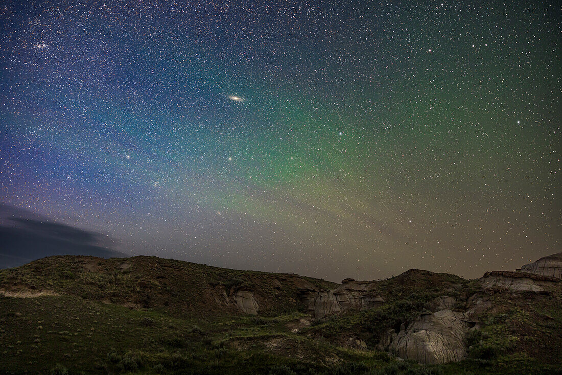 The constellation of Andromeda with the famous Andromeda Galaxy (Messier 31) rising on an early summer night at Dinosaur Provincial Park, Alberta. This was June 30, 2022.