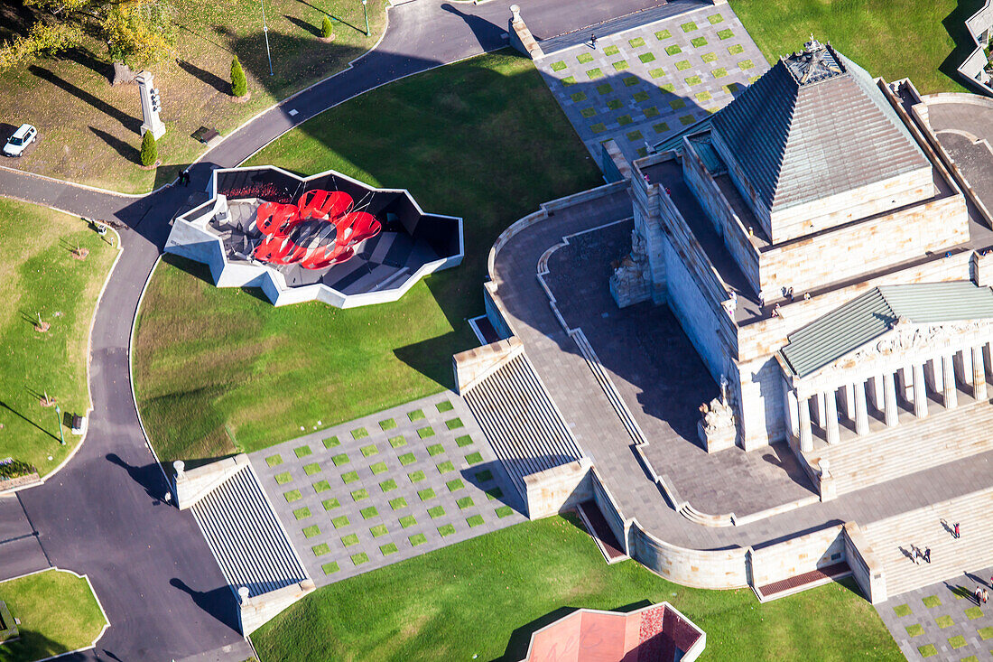Aerial view of The Shrine Of Remembrance in Melbourne, Australia.