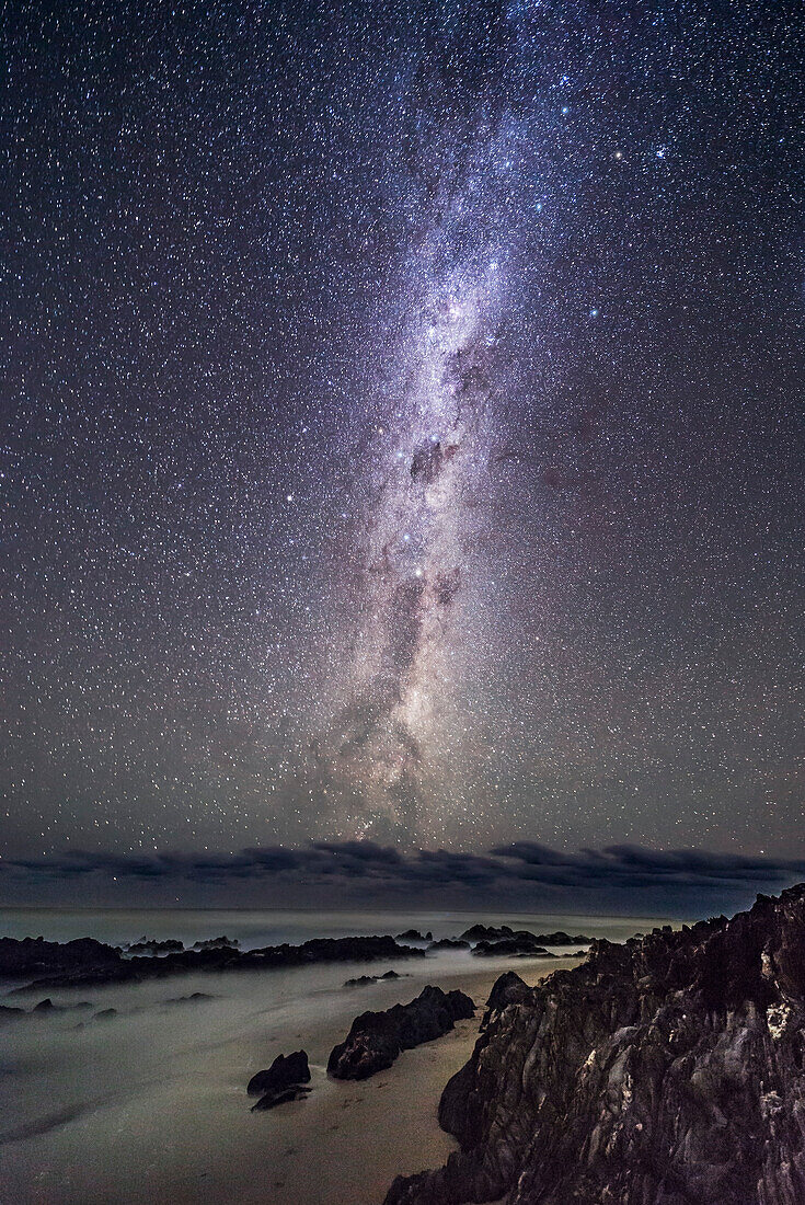 The Dark Emu of aboriginal sky lore rising out of the Tasman Sea, from the south cost of Victoria, Australia. From Cape Conran on the Gippsland Coast. Carina is just above centre, Crux, the Southern Cross is at centre, and Centaurus is below Crux. The False Cross is at top.