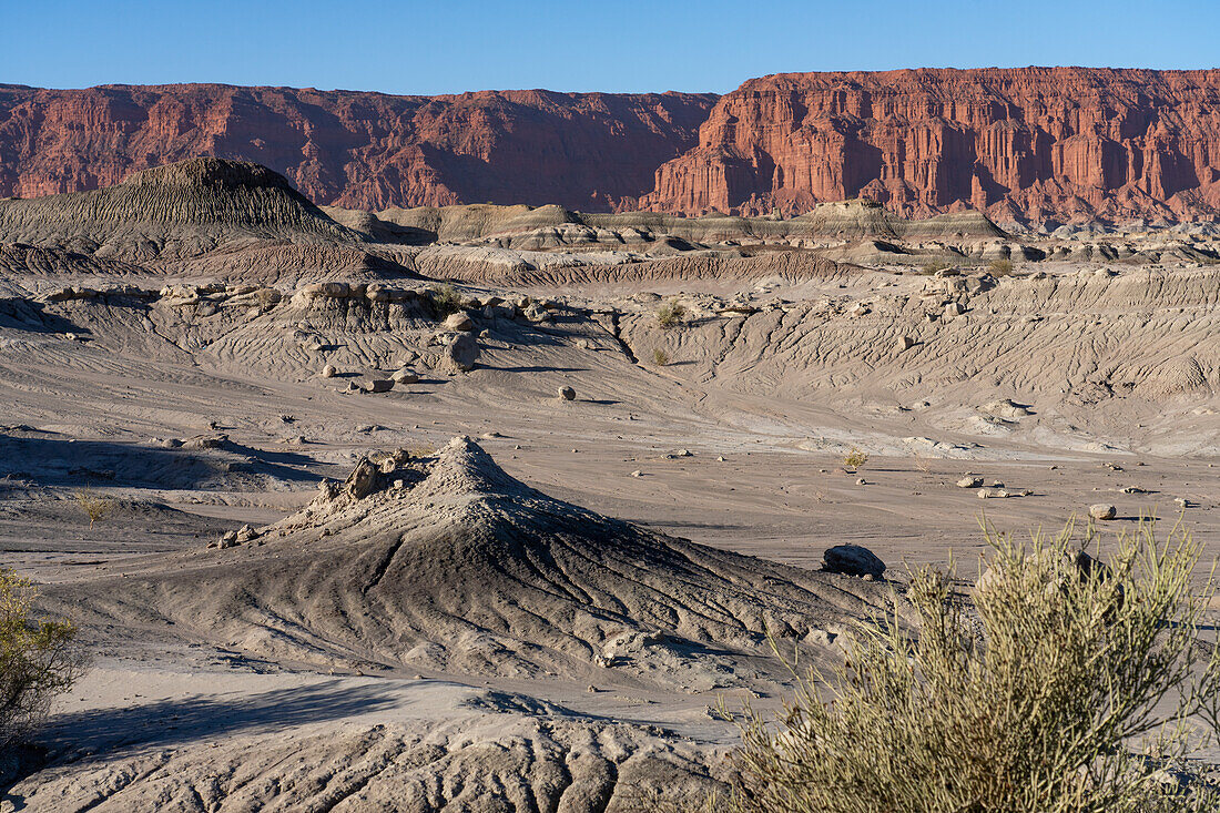 Eroded geologic formations in the barren landscape in Ischigualasto Provincial Park in San Juan Province, Argentina.