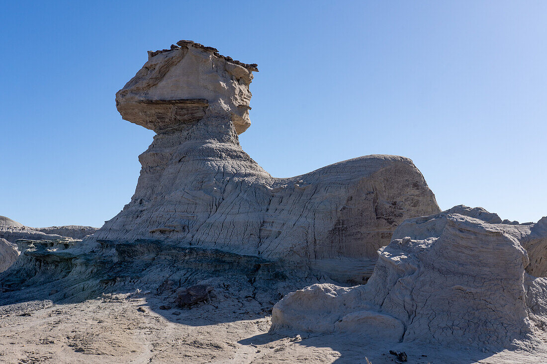 Die Sphinx-Felsformation in der kargen Landschaft im Ischigualasto Provincial Park in der Provinz San Juan, Argentinien.