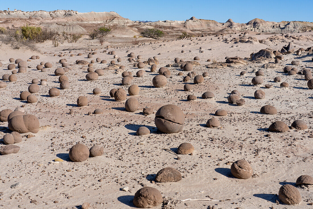 Eroded rocks in the Cancha de Bochas or Bocce Ball Court in Ischigualasto Provincial Park, San Juan Province, Argentina.