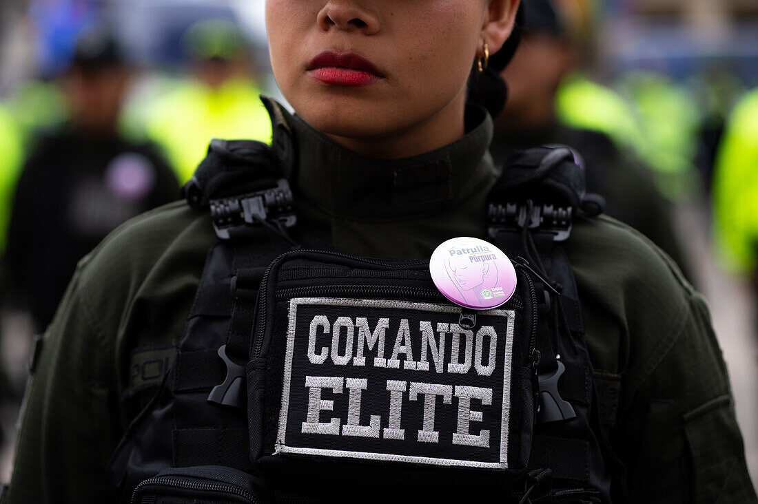 An elite police command officer during the taking command ceremony of Colombian Police Brigadrier General Sandra Patricia Hernandez, in Bogota, Colombia, June 30, 2023.