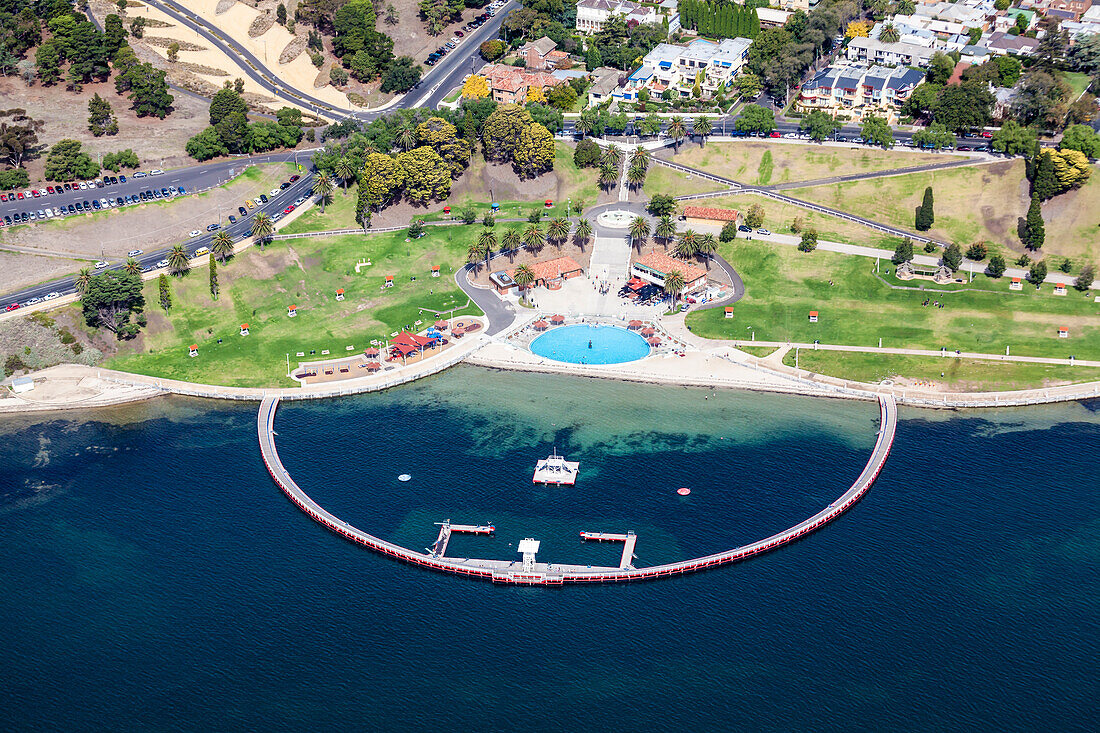 Aerial view of the Eastern Beach Bathing Complex in Geelong, Australia