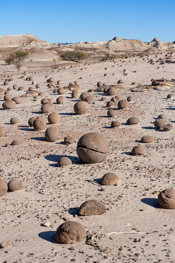 Eroded rocks in the Cancha de Bochas or Bocce Ball Court in Ischigualasto Provincial Park, San Juan Province, Argentina.