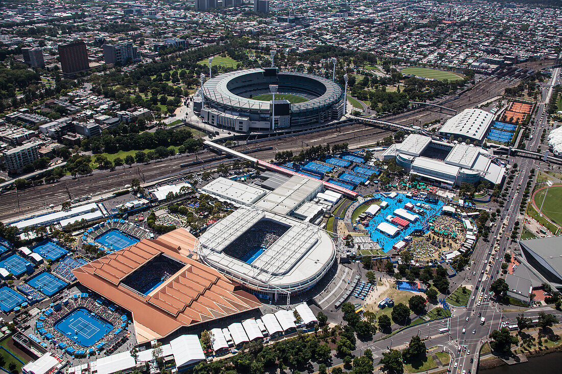 Luftaufnahme des Australian Open Tennisturniers, Melbourne, Australien.