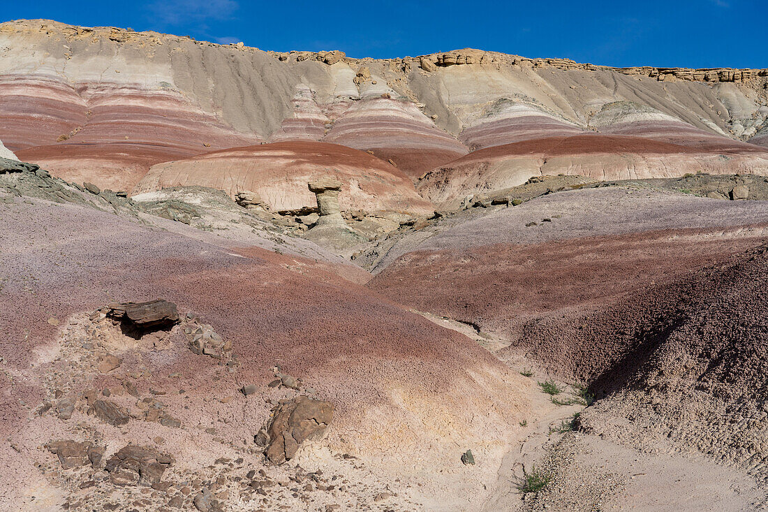 Bunt gestreifte Bentonit-Tonhügel der Morrison-Formation in der Caineville-Wüste bei Hanksville, Utah.