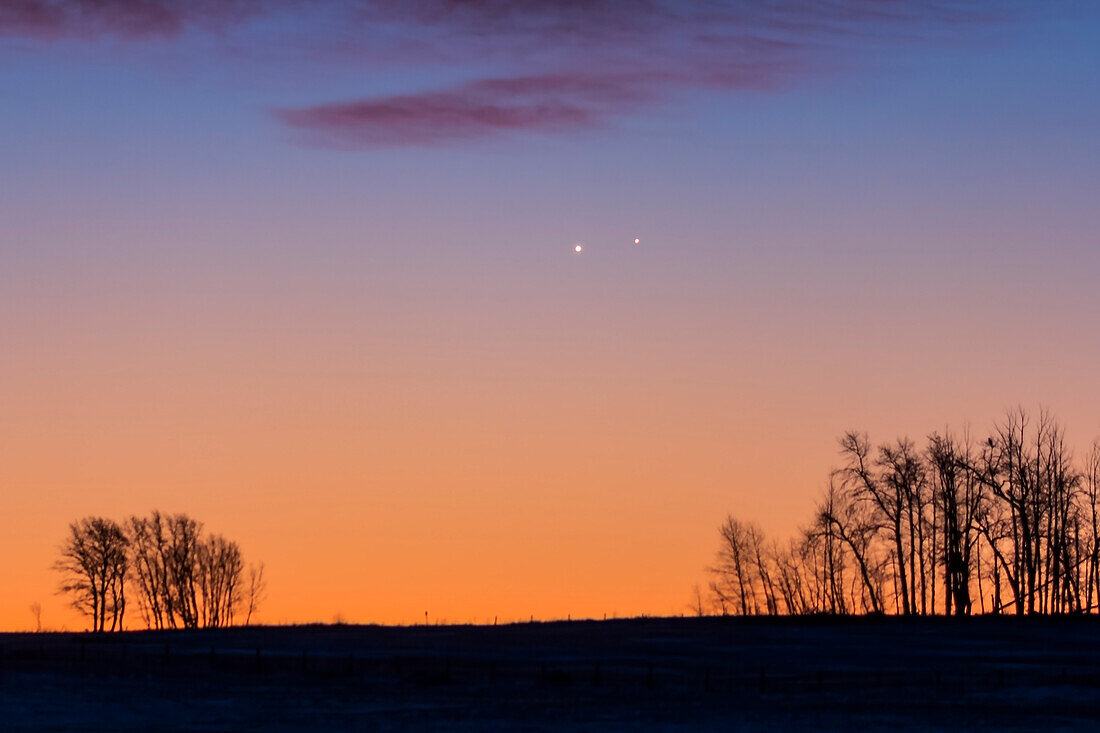 Venus und Jupiter in einer sehr engen Konjunktion (20 Bogenminuten voneinander entfernt) in der Morgendämmerung am 13. November 2017, von zu Hause in Alberta aus.