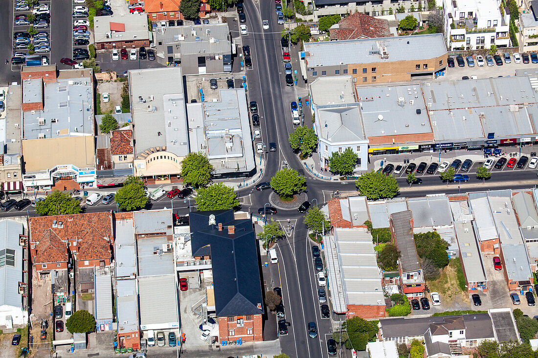 Aerial view of Bay Street in Brighton, Victoria, Australia