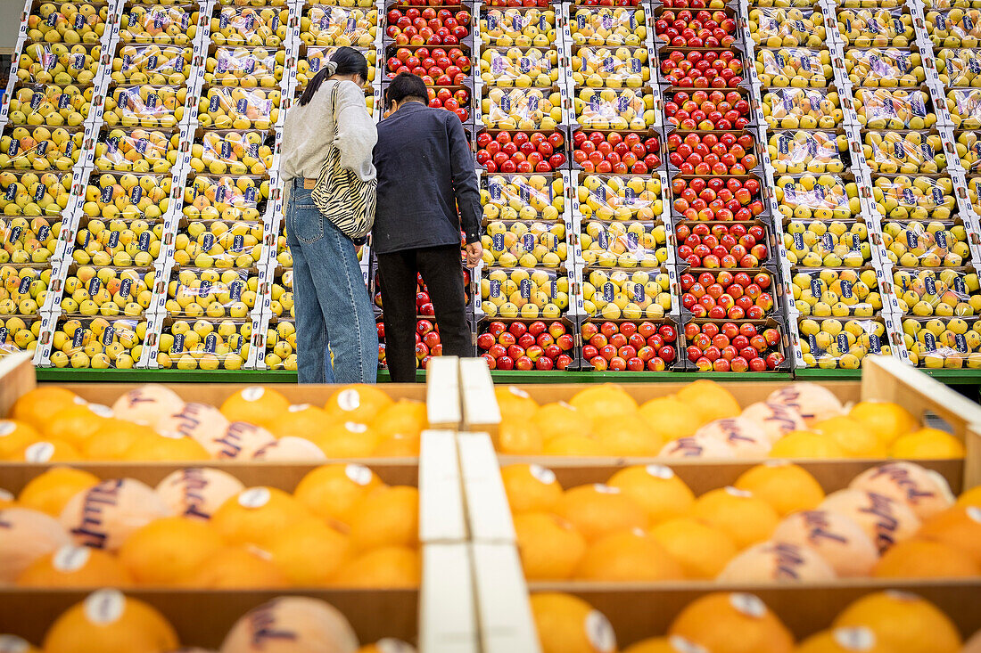 Obst- und Gemüseabteilung in der Mercabarna. Barcelonas zentrale Märkte. Barcelona. Spanien