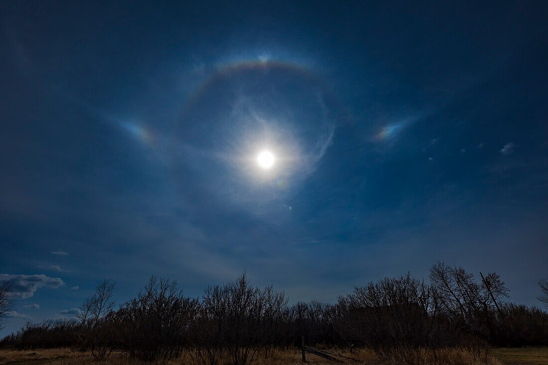 A scene with a fairly high-altitude Sun and prominent and colourful sundogs (parhelia) flanking the Sun and well outside the 22° halo which is only faintly visiible. Sundogs are always well outside the 22° halo when the Sun is higher in the sky — the Sun's altitude at this time at 4 pm MDT on April 25, 2022 was 41°.