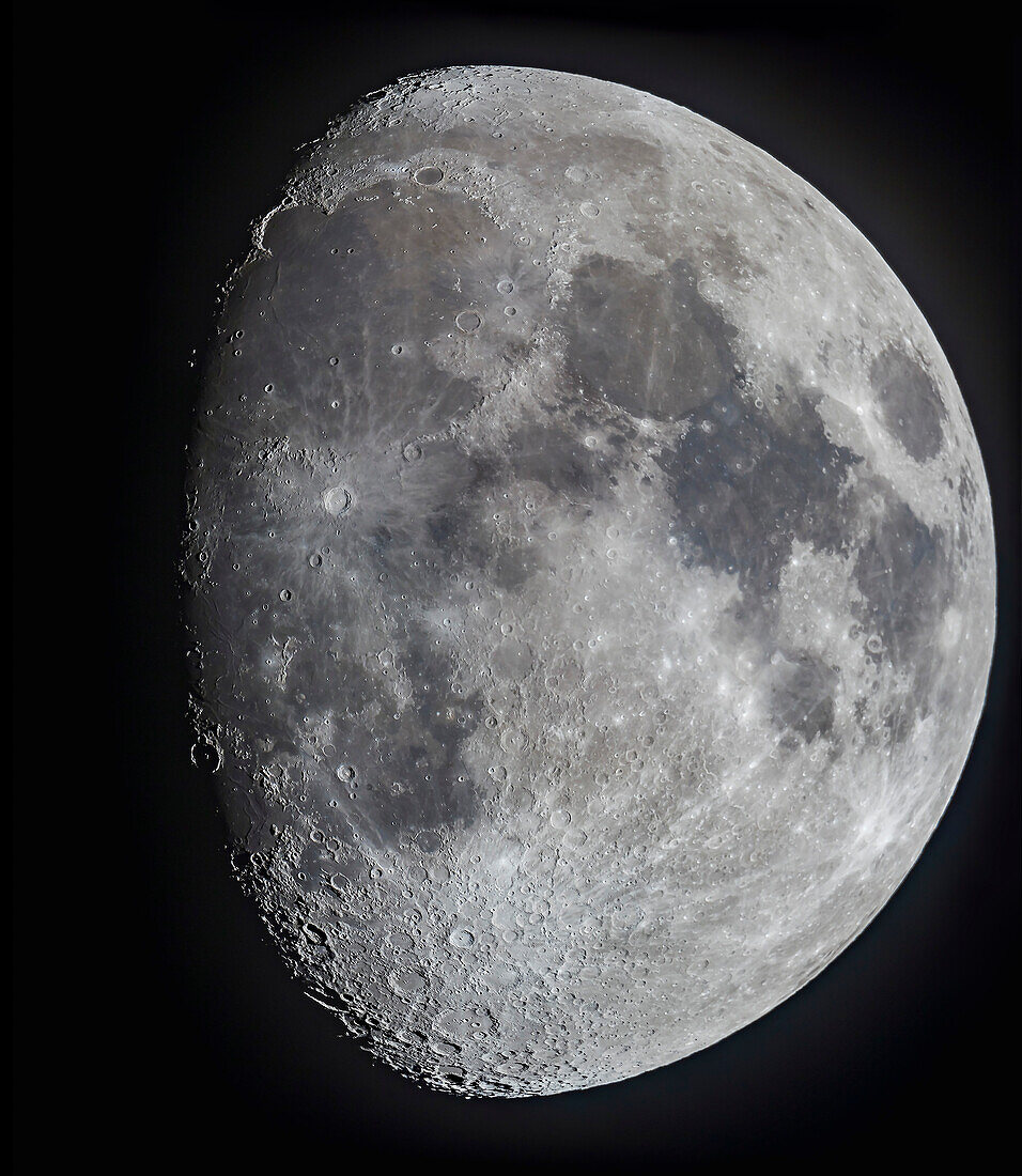 A panorama or mosaic of the 10-day-old gibbous Moon, on March 16, 2019, showing the full disk and extent of incredible detail along the terminator, the dividing line between the day and night sides of the Moon where the Sun is rising as seen from the surface of the Moon.