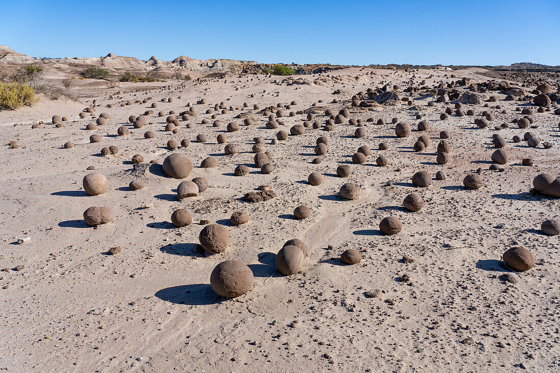 Eroded rocks in the Cancha de Bochas or Bocce Ball Court in Ischigualasto Provincial Park, San Juan Province, Argentina.