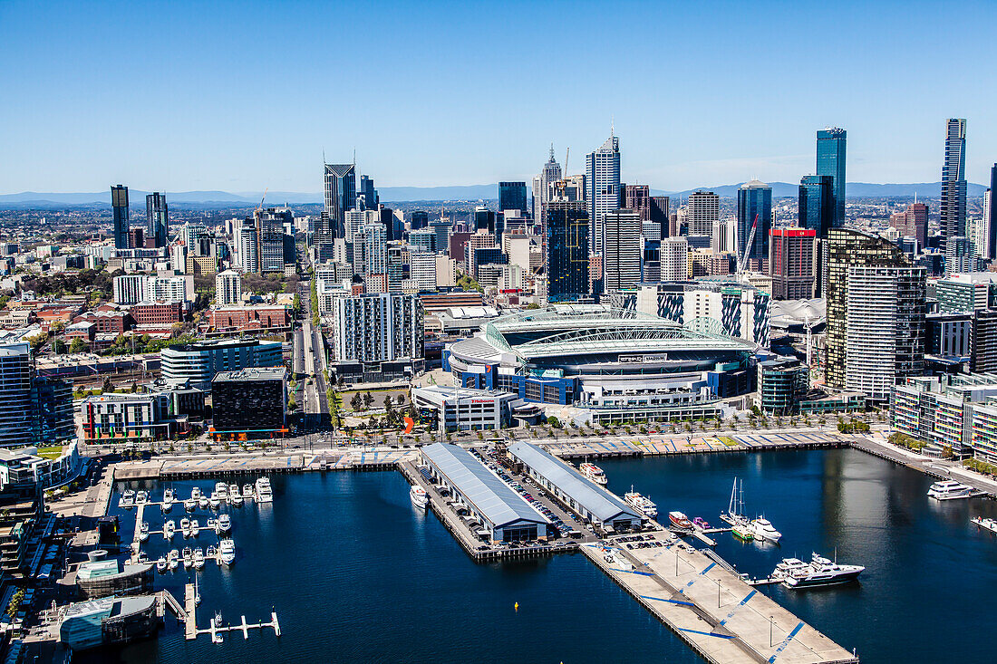 Aerial view of the Docklands in Melbourne including the CBD, Etihad Stadium and La Trobe Street, Austrlia