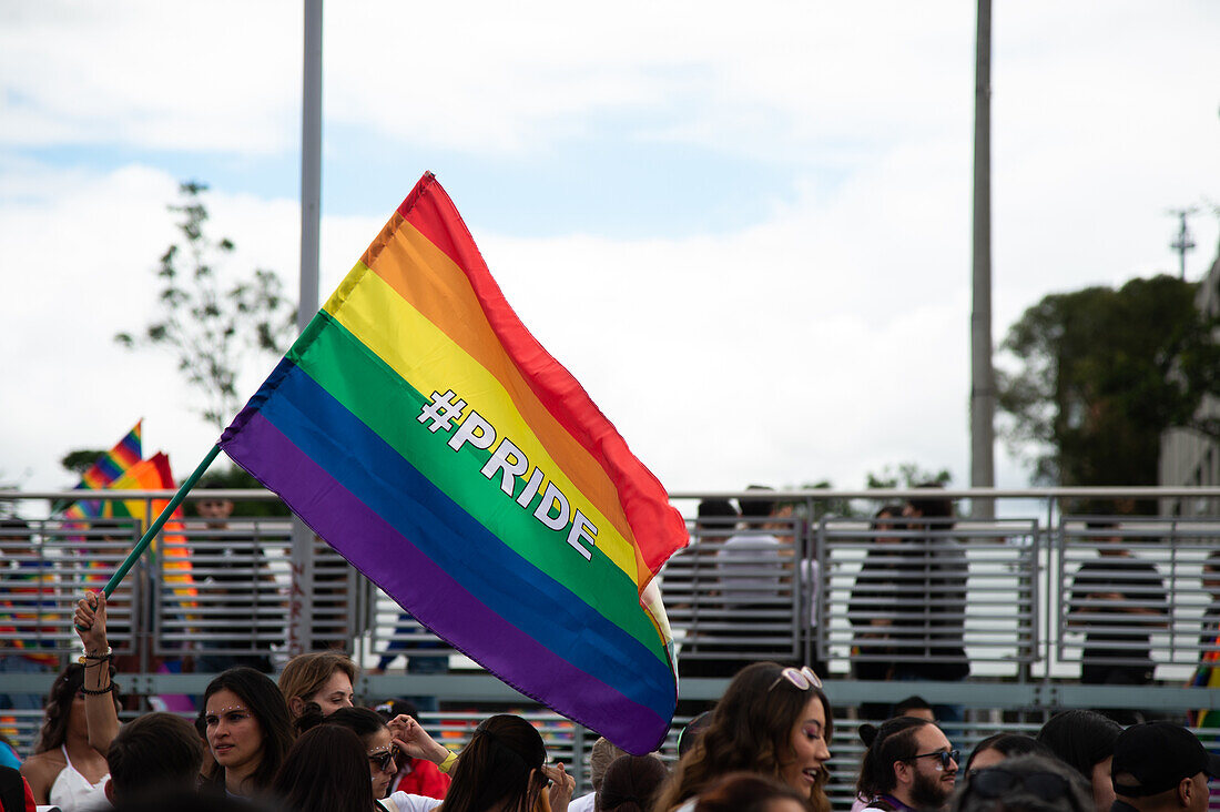 People wave pride flags during the international pride parade demonstrations in Bogota, Colombia, July 2, 2023.