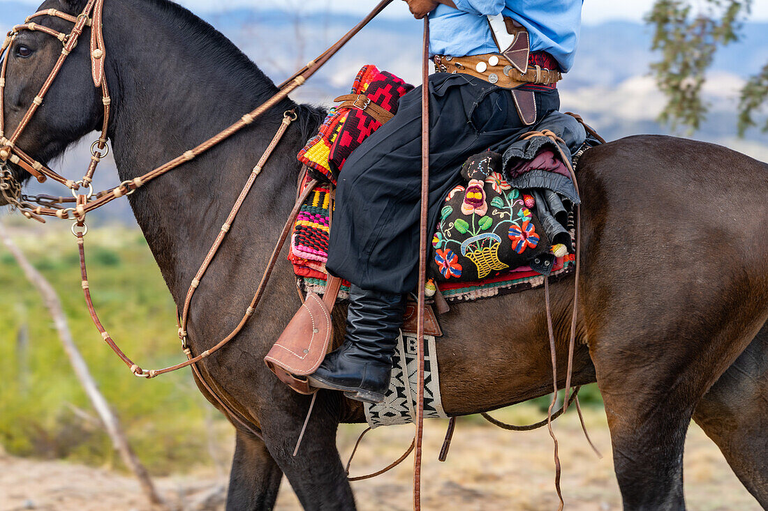 Ein Reiter im Gaucho-Kostüm reitet in der Nähe von San Juan, Argentinien.