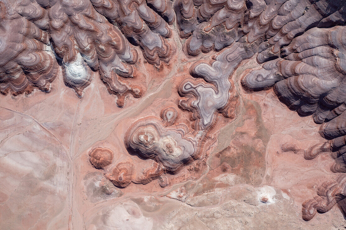 Aerial view of the colorful Bentonite Hills, near Hanksville, Utah.