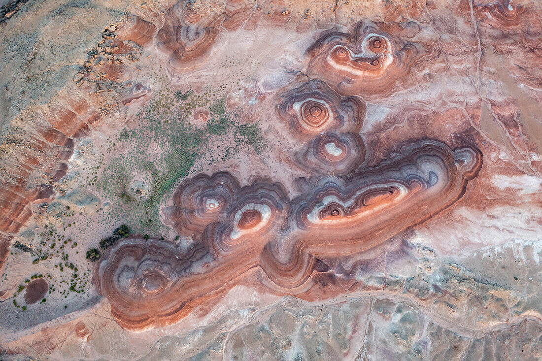 Aerial view of the colorful Bentonite Hills before dawn, near Hanksville, Utah.