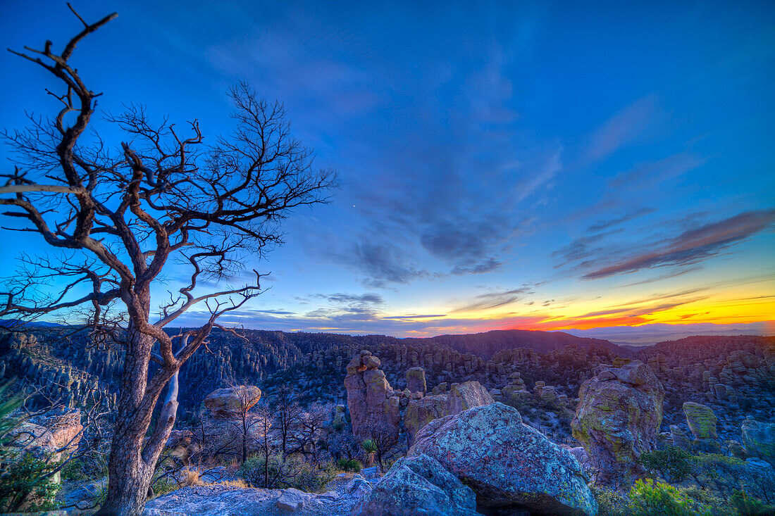 Evening twilight with Venus in the sky, on December 3, 2013 from Massai Point, Chiricahua National Monument, Arizona. This is a 8-frame HDR High Dynamic Range stack to compress the high contrast from the bright sky and dark foreground into one image. Combined with Photomatix Pro. Taken with the Canon 5D MkIi and Rokinon 14mm manual lens at f/8. Some wind has blurred trees. From images _MG_7042 to 7049, taken at 2/3rd stop increments.
