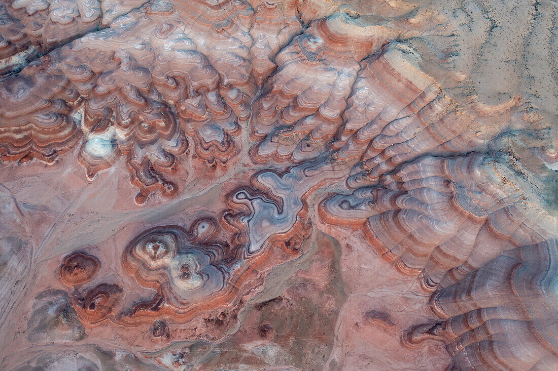 Aerial view of the colorful Bentonite Hills before dawn, near Hanksville, Utah.