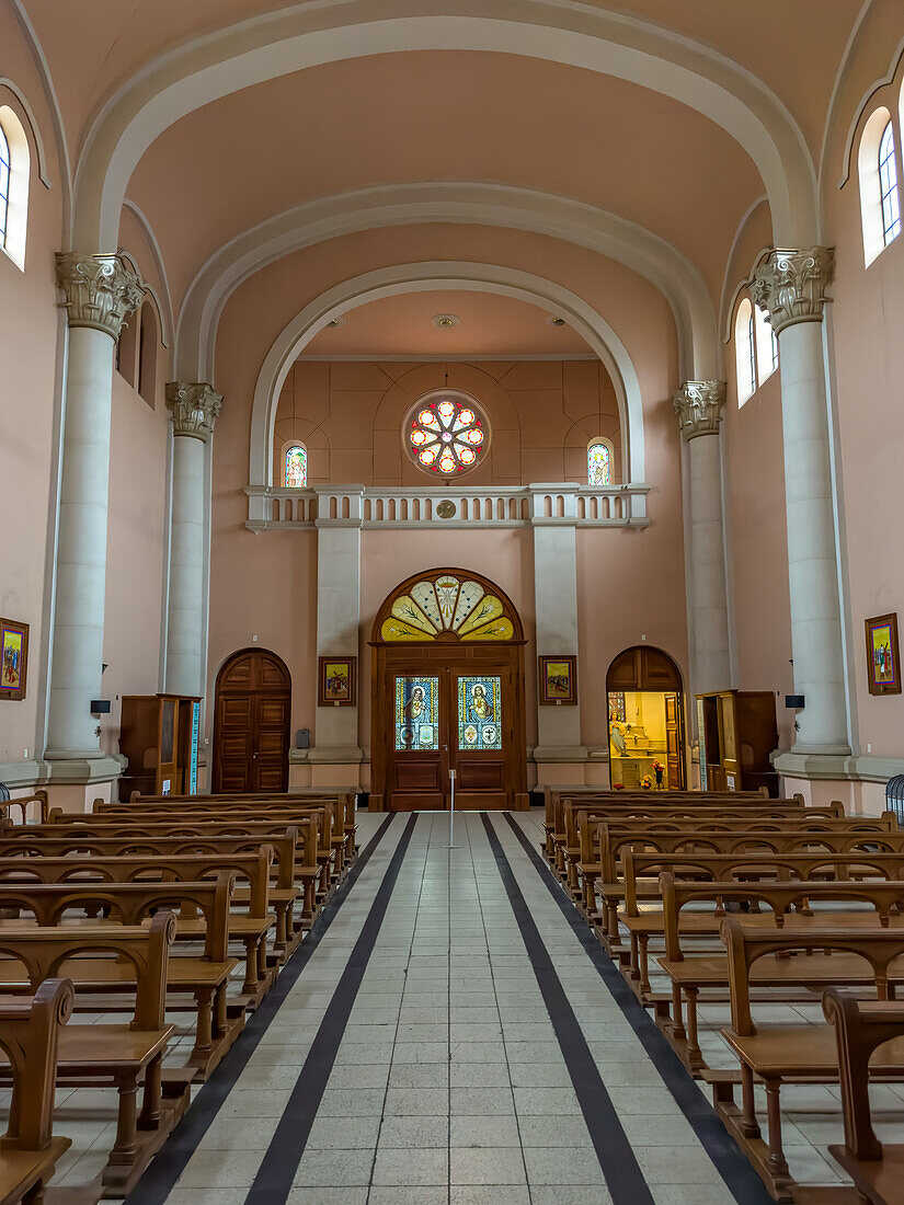 The nave, rose window, stained glass doors and choir of the San Rafael Archangel Cathedral in San Rafael, Argentina.