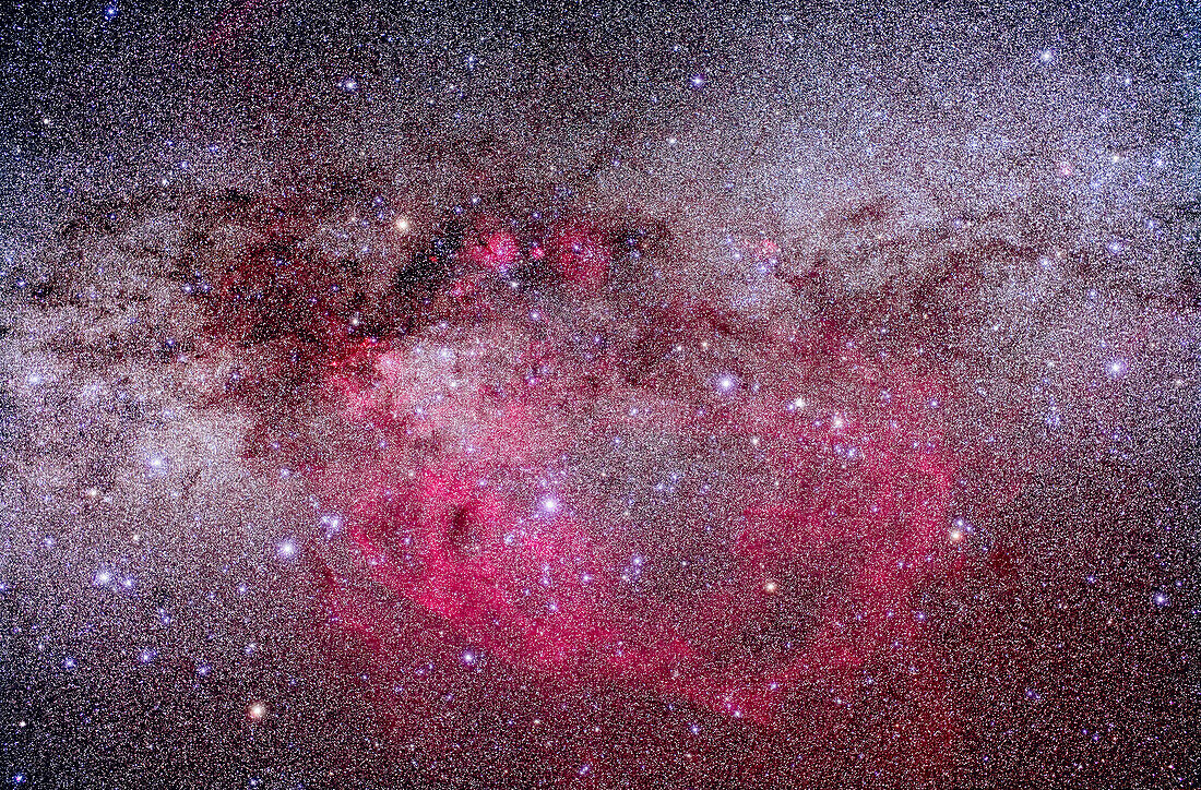 Gum Nebula area of Vela and Puppis. Taken from Atacama Lodge, Chile, March 19, 2010, with modified Canon 5D MkII and Sigma 50mm lens at f/4, for stack of 10 x 6 minute exposures (Mean combined) at ISO 800 plus 2 x 6 minutes with Kenko Softon filter. High contrast boost and Selective Colour adjustments to bring out nebulocity while retaining neutral sky.
