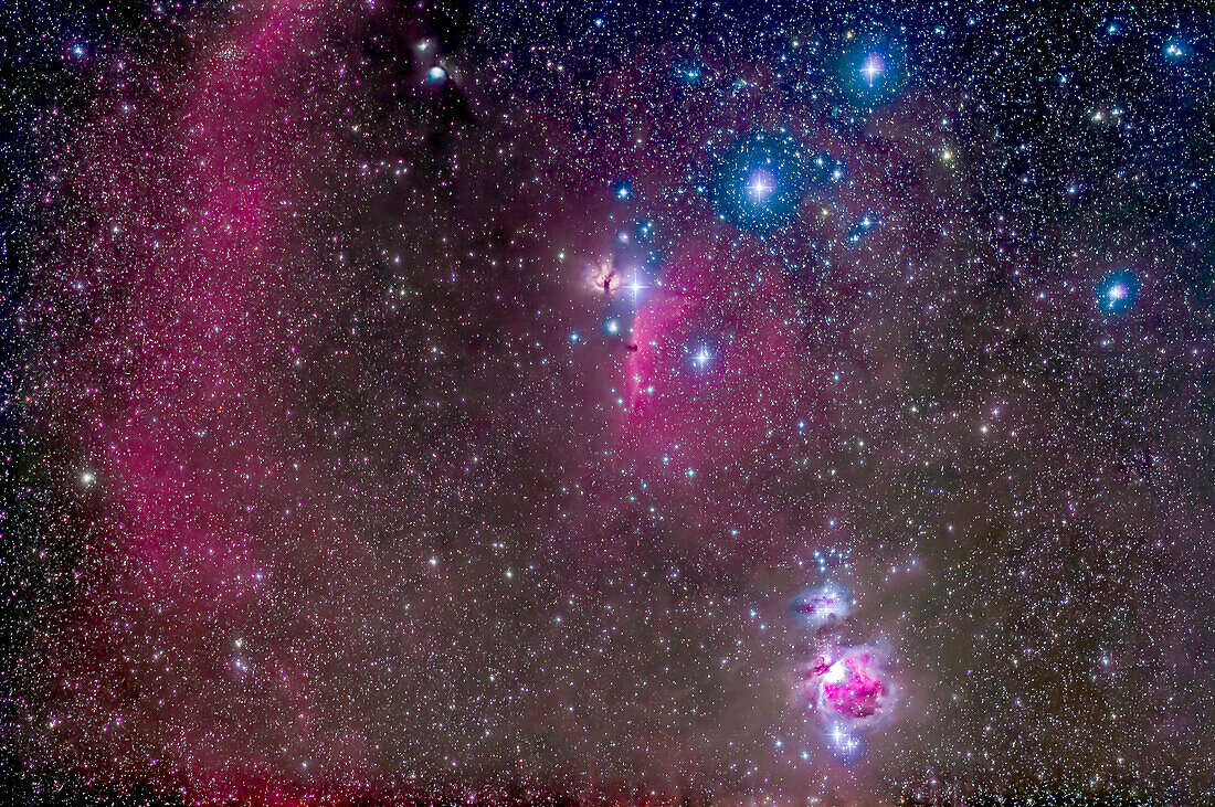 The Belt and Sword region of Orion, with the Orion Nebula, Messiesr 42 and 43, at bottom. Below the left star of the Belt, Alnitak, is the famous Horsehead Nebula, while above it is NGC 2024, aka the Flame Nebula. At very top left is Messier 78, while part of Barnard’s Loop arc across the field at left. The field is filled with other faint red emission and blue reflection nebulas. The large loose open cluster Collinder 70 surrounds the middle star of the Belt, Alnilam.