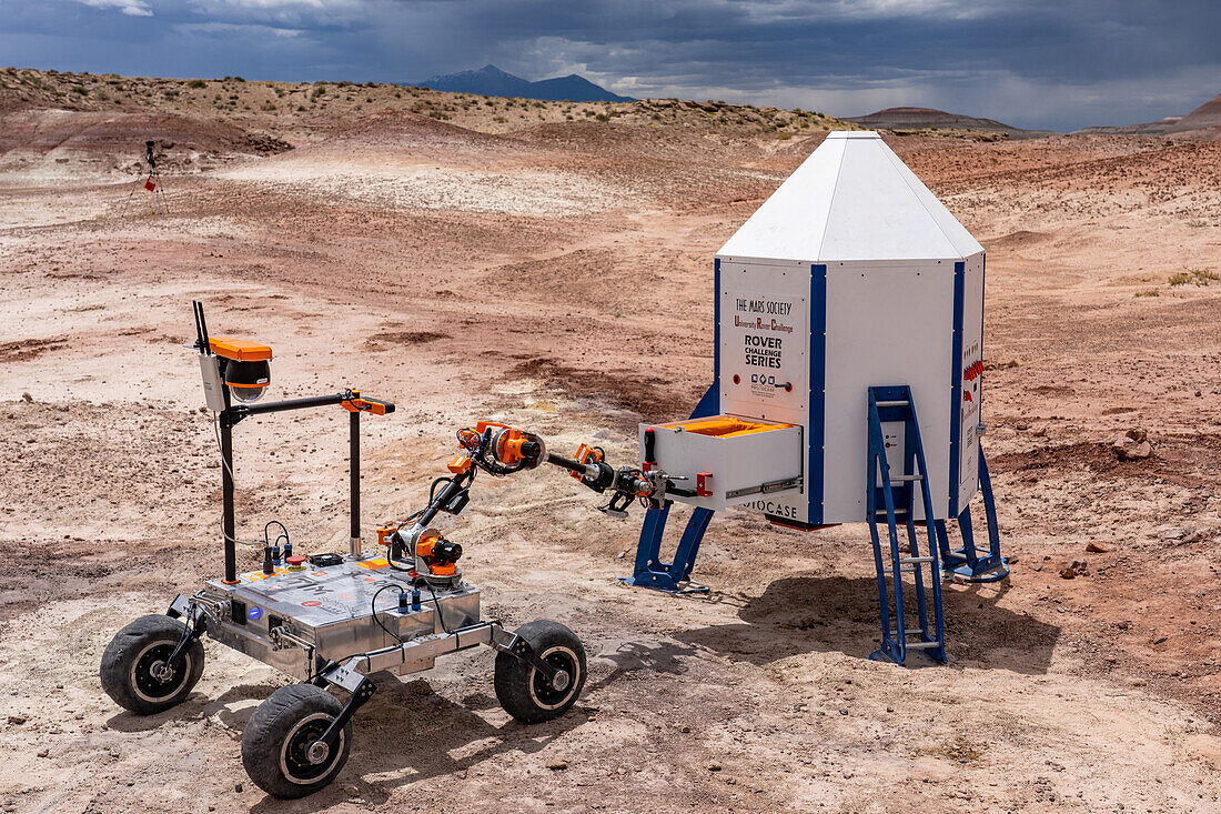 The Project Scorpio Mars Rover works on the Mars Lander in the University Rover Challenge. Mars Desert Research Station, Utah. Wroclaw University of Science and Technology, Poland.
