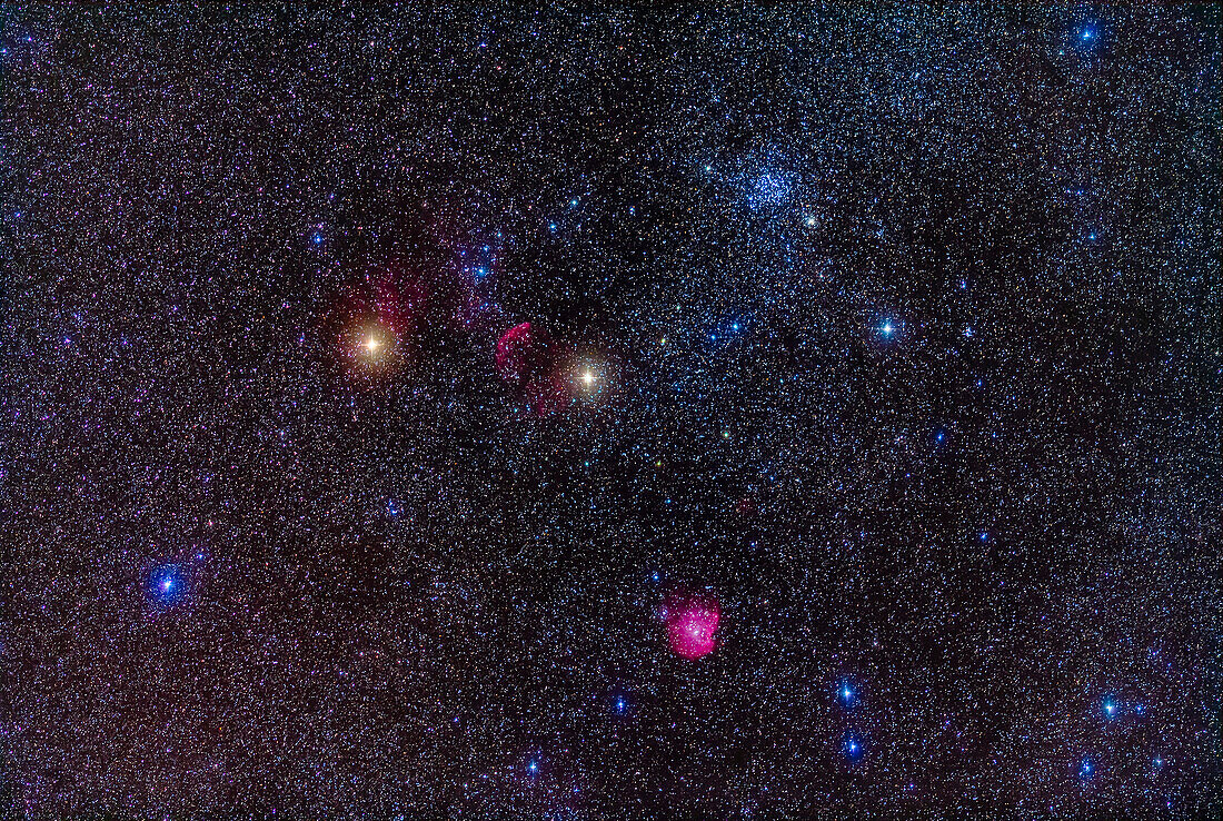 The field of clusters and nebulosity in Gemini, with Messier 35 the main open star clusters here. Below M38 is NGC 2158. The nebulosity at left between Mu and Eta Geminorum is IC 443, a supernova remnant, aka the Jellyfish Nebula. The nebula at bottom is IC 2174, just over the border in Orion and aka the Monkeyhead Nebula.