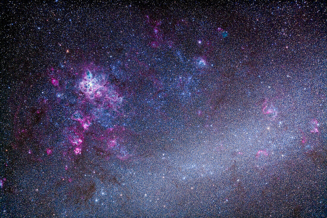 The Tarantula Nebula area, NGC 2070, of the Large Magellanic CLoud, LMC. Numerous other nebulas and clusters in this field! This is a stack of 5 x 12 minute exposures at ISO 640 with the Canon 5D MkII and 105mm Astro-Physics Traveler at f/5.6 with 6x7 field flattener. Shot December 10, 2012 from Timor Cottage at Coonabarabran, Australia