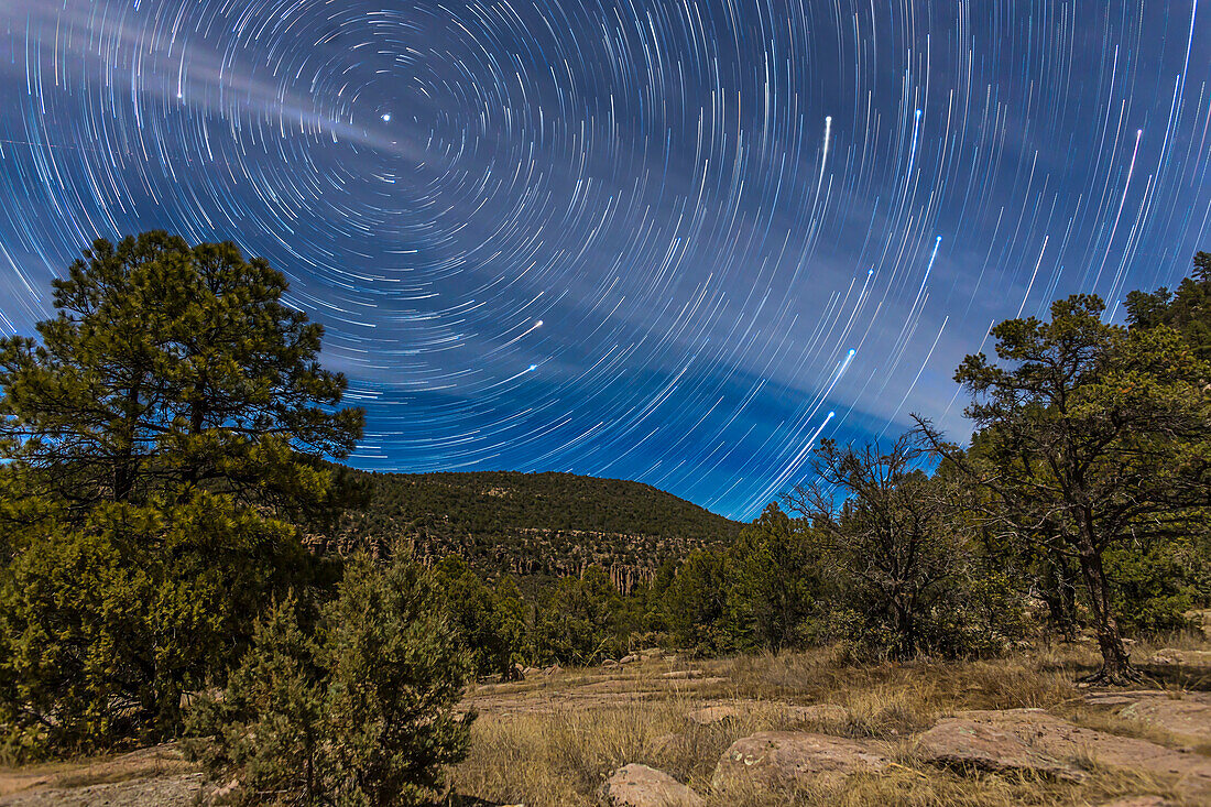 Circumpolar star trails on a moonlit night in the Gila National Forest in southern New Mexico, north of Pinos Altos. Polaris is at upper left, the Little Dipper hanging below it, and the stars of the Big Dipper are rising at right, with the end star of the handle still to clear the horizon. Illumination is from the waxing quarter Moon. The night had a lot of high cloud drifting through, adding the streaks and patchiness to the sky.
